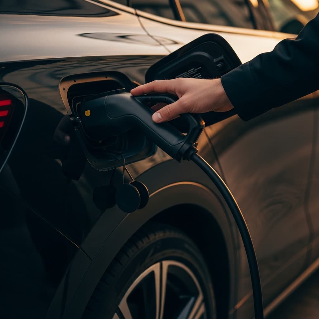 Șofer conectând mașina electrică la o stație Ampora