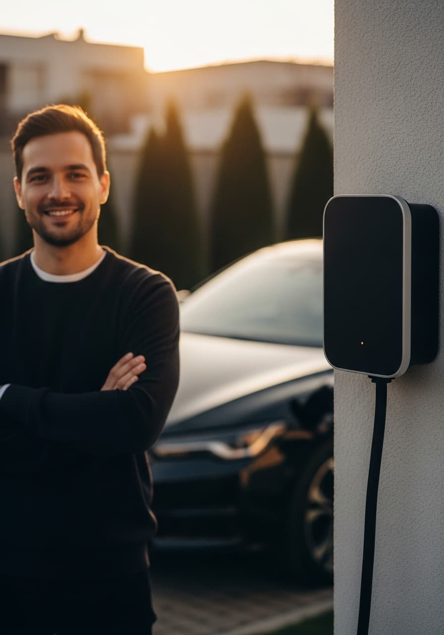 Gazdă Ampora lângă stația și mașina electrică proprie