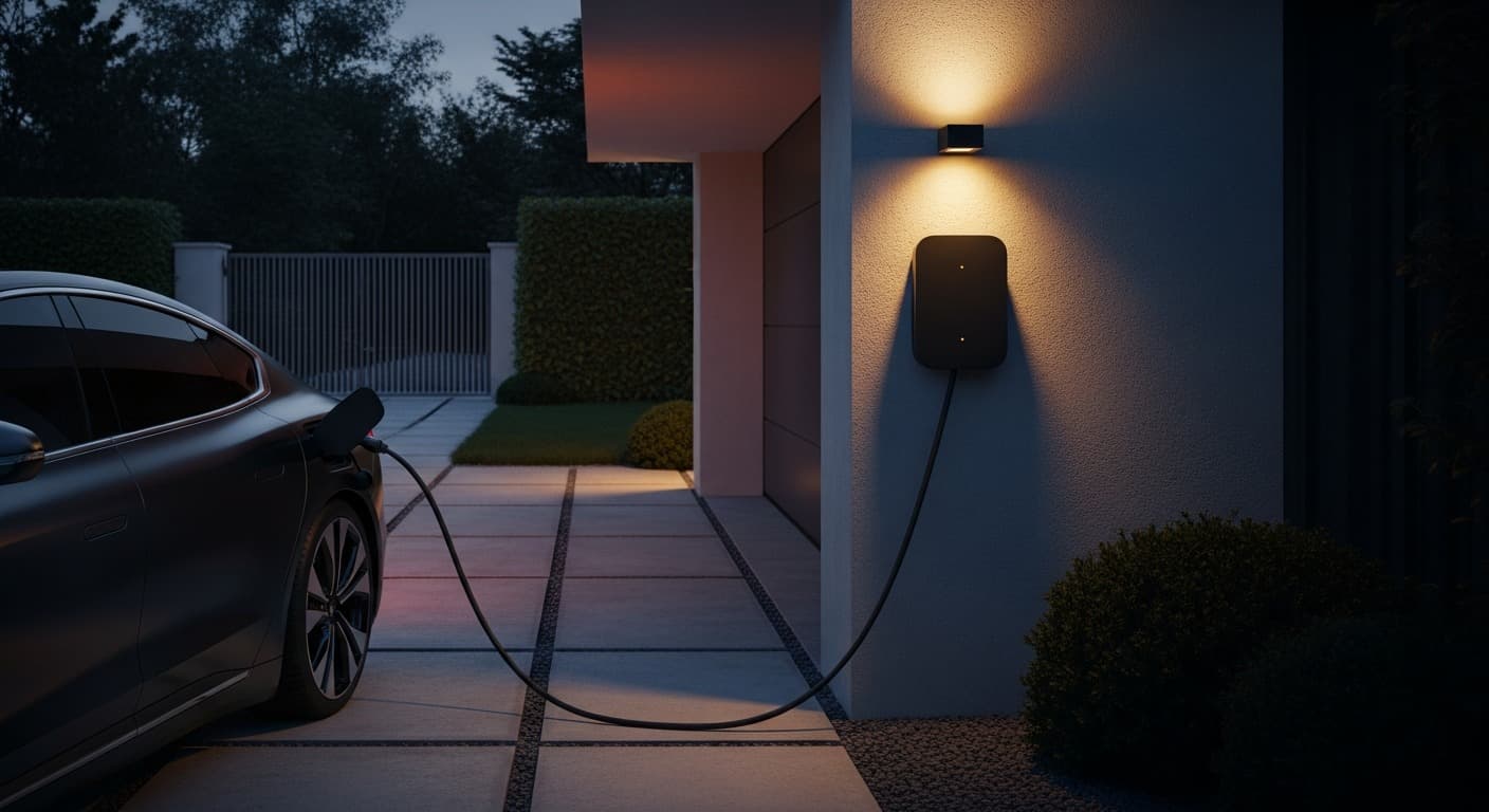 Mașină electrică la încărcare noaptea, oraș românesc